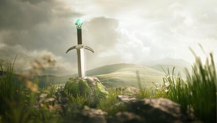 Lost Ancient krachtig zwaard tegen met mos bedekte rotsen en een episch landschap. 3D illustratie.