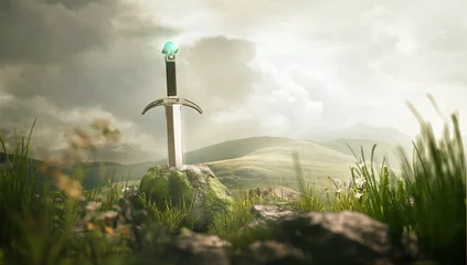 Deurstickers Wit Lost Ancient krachtig zwaard tegen met mos bedekte rotsen en een episch landschap. 3D illustratie.