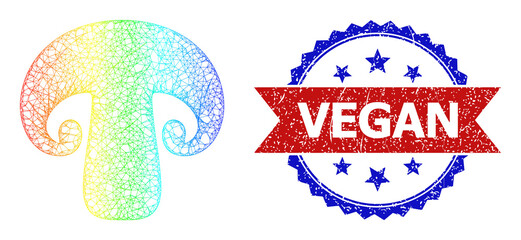 Mesh net champignon wireframe icon with rainbow gradient, and bicolor grunge Vegan seal stamp. Red stamp has Vegan text inside blue rosette. Colored frame net champignon icon.