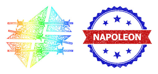 Mesh net spam letter jail model icon with spectral gradient, and bicolor textured Napoleon stamp. Red stamp includes Napoleon caption inside blue rosette. Vibrant frame net spam letter jail icon.