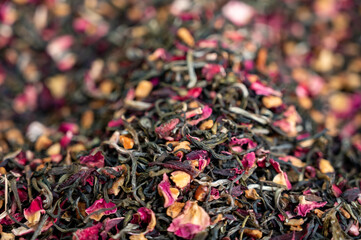 Blended black leaf dry tea with aromatic flowers, spices in tea shop in Andalusia, Spain
