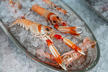Fresh crayfishes with claws on ice in restaurant
