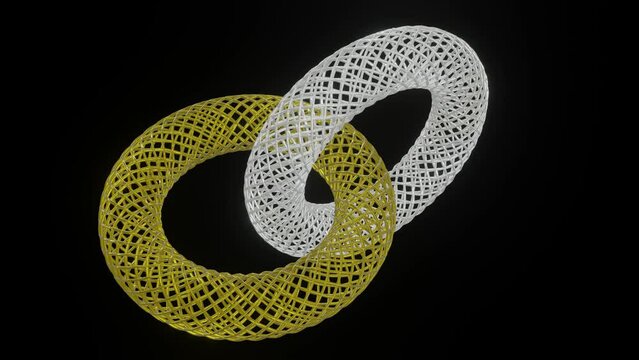 Gold and silver wireframe torus connected on black background and rotating. 3d logotype in seamless animation.