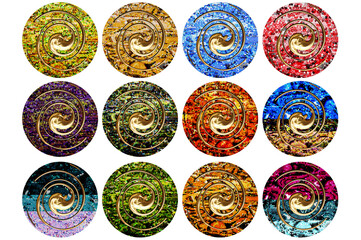 A set of round abstract digital backgrounds for key chains.