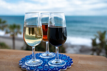 Tasting of Spanish sweet and dry fortified Vino de Jerez sherry wine and green olives with view on blue sea near El Puerto de Santa Maria, Andalusia, Spain