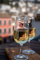 Tasting of Spanish sweet and dry fortified Vino de Jerez sherry wine with view on roofs and houses of old andalusian town
