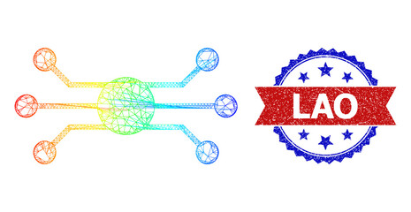 Crossing mesh circuit node frame illustration with spectral gradient, and bicolor rubber Lao watermark. Red stamp includes Lao title inside blue rosette. Vibrant frame mesh circuit node icon.