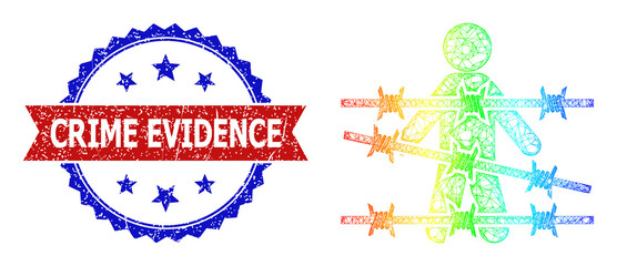 Naklejka premium Net man arrest model icon with spectrum gradient, and bicolor scratched Crime Evidence seal stamp. Red stamp seal has Crime Evidence tag inside blue rosette. Bright frame network man arrest icon.