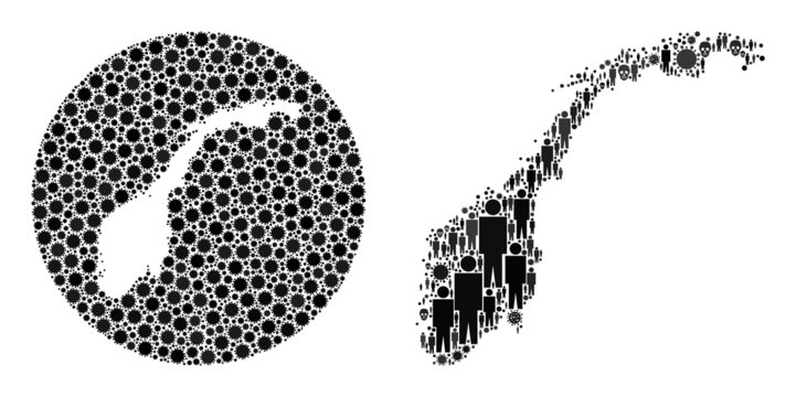 Mosaic Norway Map Organized From Covid Infection Elements And Humans And Mortal Elements. Infection Virus Norway Map Mosaic Composed With Sphere And Hole. Mosaics Are Designed For Lockdown Propaganda.