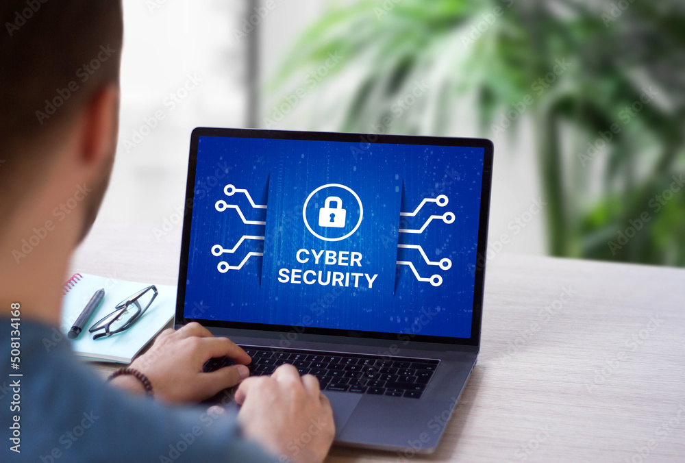 Poster Cybersecurity technology concept on computer laptop screen, secured connection and encrypted data. Cyber security and datum protection.
