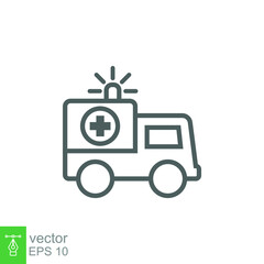 Ambulance icon, outline emergency car, medicine van, care medic support, thin line web symbol on white background. Vector illustration EPS 10.