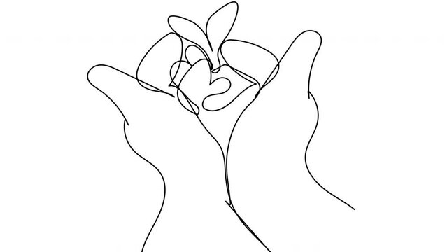 Self-drawing of hands with green sprout in the one line on a white screen. Animation of a sprouting seed. 4k whiteboard video for presentation about farming and agriculture.