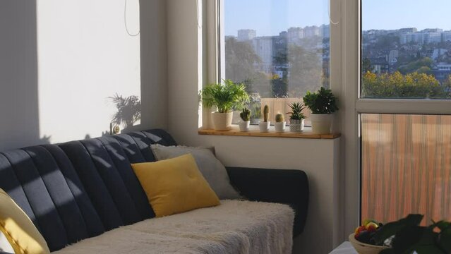 Bright empty living room, no people