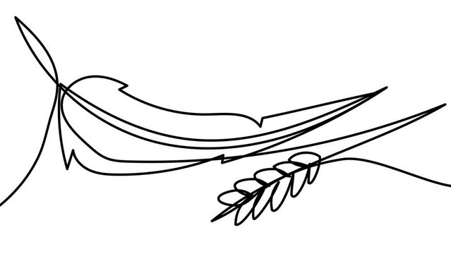 Self-drawing of a bird feather and a spike with one line on a white screen. Animation with elements of peace and fertility. 4k whiteboard video for presentation about agriculture and farming.
