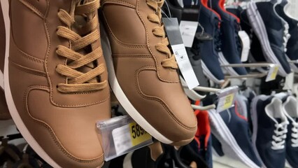 Casual sneakers hang on a stand in a shoe store. Closeup
