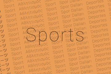 Word Sports in languages of world. Logo Sports on Red sand color