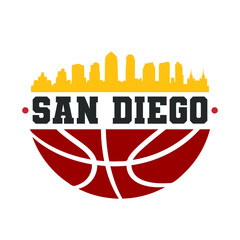 San Diego, CA, USA Basketball Skyline City Silhouette Vector. Basket Design Style Icon Symbols. Sport America Ball.