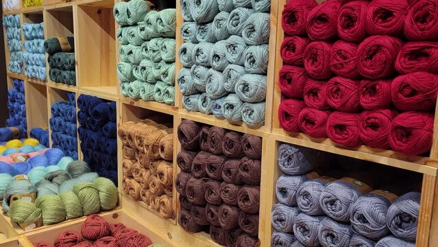 Wide Tilt Down of Colored Yarn in a Craft Shop