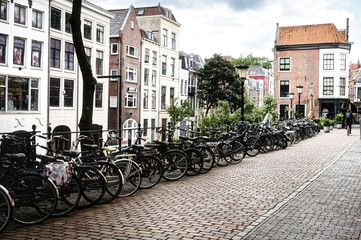 bicycle parking in the narrow streets of the old towns in the netherlands