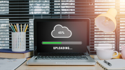 Upload data concept, Laptop computer on office desk waiting for cloud uploading on digital tablet, Data infomation, Technology network internet Concept...