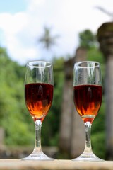 two glasses with red wine in the tropics garden