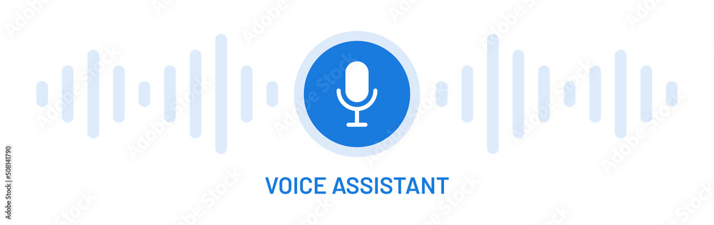 Poster Voice assistant banner with microphone button vector icon and soundwave symbol background.