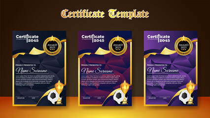 Soccer Game Certificate Diploma With Golden Cup Set Vector. Football. Sport Award Template. Achievement Design