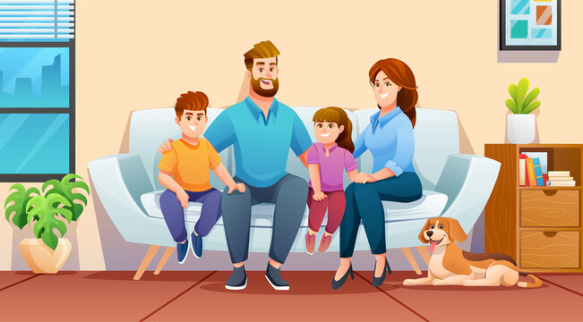 Happy family sitting on the couch together at home with father, mother, children and a pet. Family illustration concept in cartoon style