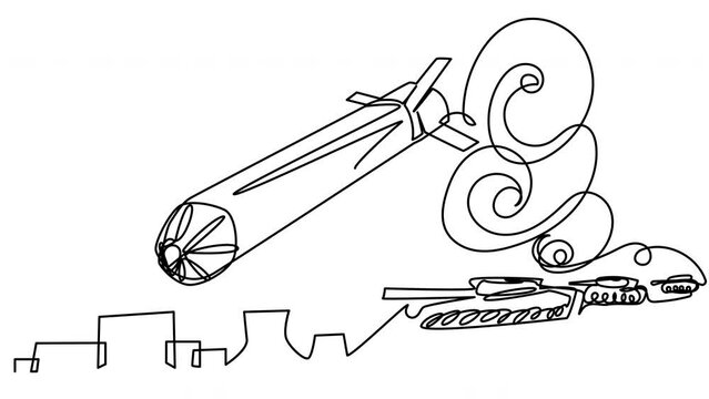 Self-drawing of a flying rocket and tanks in one line on a white screen. Animation of street fights. 4k whiteboard video for presentation on military aggression.