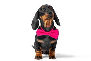 Portrait of lovely dachshund puppy with festive pink bow tie around its neck, who obediently sits...