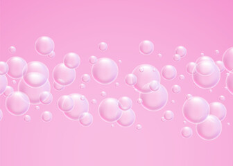 Soap bubbles. Vector illustration. Glowing flying water bubbles on pink background