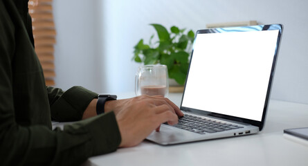 Focused businessman using laptop computer at bright modern office...