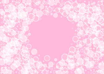 Vector illustration with soap bubbles. Fizzy foam bubbles  on pink backdrop with copy space.