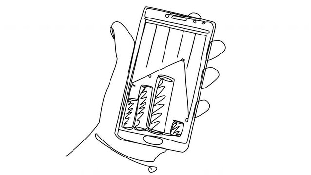 Self-drawing hand with a smartphone and a falling business graph on a white screen. Animation with the seller suffering losses. 4K whiteboard video for presentation on global crisis and bankruptcy.