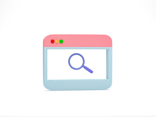 3D rendering, 3D illustration. Computer window with magnifying glass icon on white background. Minimal cartoon style. Searching internet data and web browsing concept.