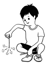 花火で遊んでいる男の子　モノクロ
