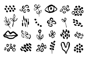 Vector set of abstract organic hand-drawn design element: spot,dot,eye,lips,flower,leaves,heart.Collage elements.For social media templates, poster,card.
