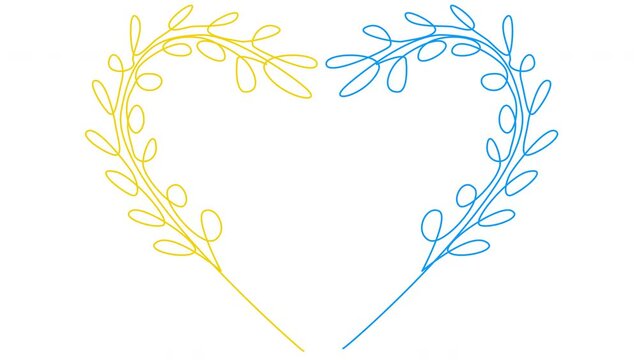 Self-drawing of spikelets in blue-yellow colors in one line. Animation with a heart sign in support of Ukraine. 4k whiteboard video for presentation with the concept of love and hope.