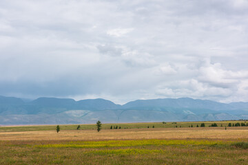 Dramatic alpine view to sunlit steppe and somber large mountains in low clouds during rain. Gloomy mountain landscape with bleak mountain range in rain and steppe in sunlight in changeable weather.