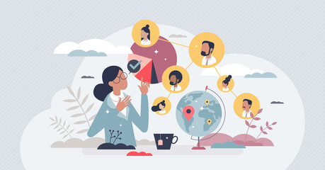 Fototapeta premium Sociologist occupation and professional community study tiny person concept. Culture analysis and people research with information about behavior, interaction, and organization vector illustration.
