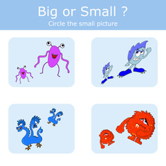 Sort  monsters into large and small. An example of the opposite word antonym for a child