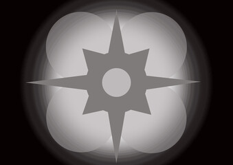Illustration of dark gray shuriken icon on gray white gradient background. Flat symmetrical star icon