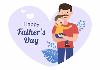 Happy Fathers Day Cartoon Illustration with Picture of Father and Son in Flat Style Design for Poster or Greeting Card
