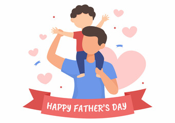 Happy Fathers Day Cartoon Illustration with Picture of Father and Son in Flat Style Design for Poster or Greeting Card