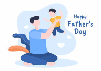 Happy Fathers Day Cartoon Illustration with Picture of Father and Son in Flat Style Design for Poster or Greeting Card