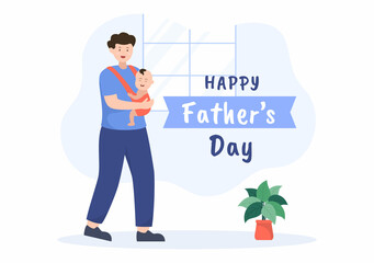 Happy Fathers Day Cartoon Illustration with Picture of Father and Son in Flat Style Design for Poster or Greeting Card