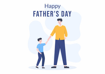Happy Fathers Day Cartoon Illustration with Picture of Father and Son in Flat Style Design for Poster or Greeting Card