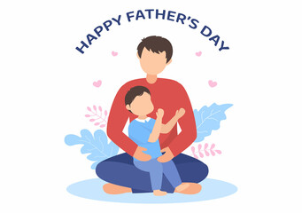 Happy Fathers Day Cartoon Illustration with Picture of Father and Son in Flat Style Design for Poster or Greeting Card