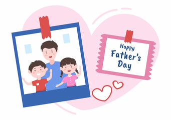 Happy Fathers Day Cartoon Illustration with Picture of Father and Son in Flat Style Design for Poster or Greeting Card