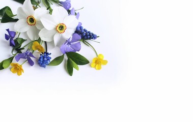 Spring bouquet with white daffodils. White, lilac and yellow flowers on a white background. Background for a greeting card.